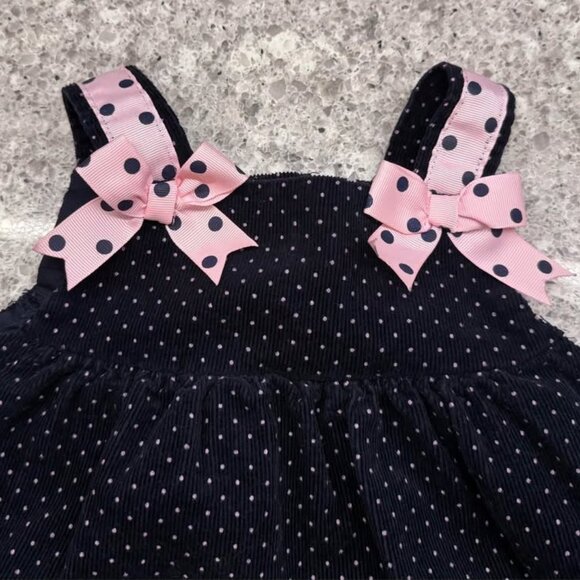 Vtg Rare Editions Navy & Pink Polka Dots Ballet Theme Corduroy Dress-Size 24 Mo. - Picture 8 of 10